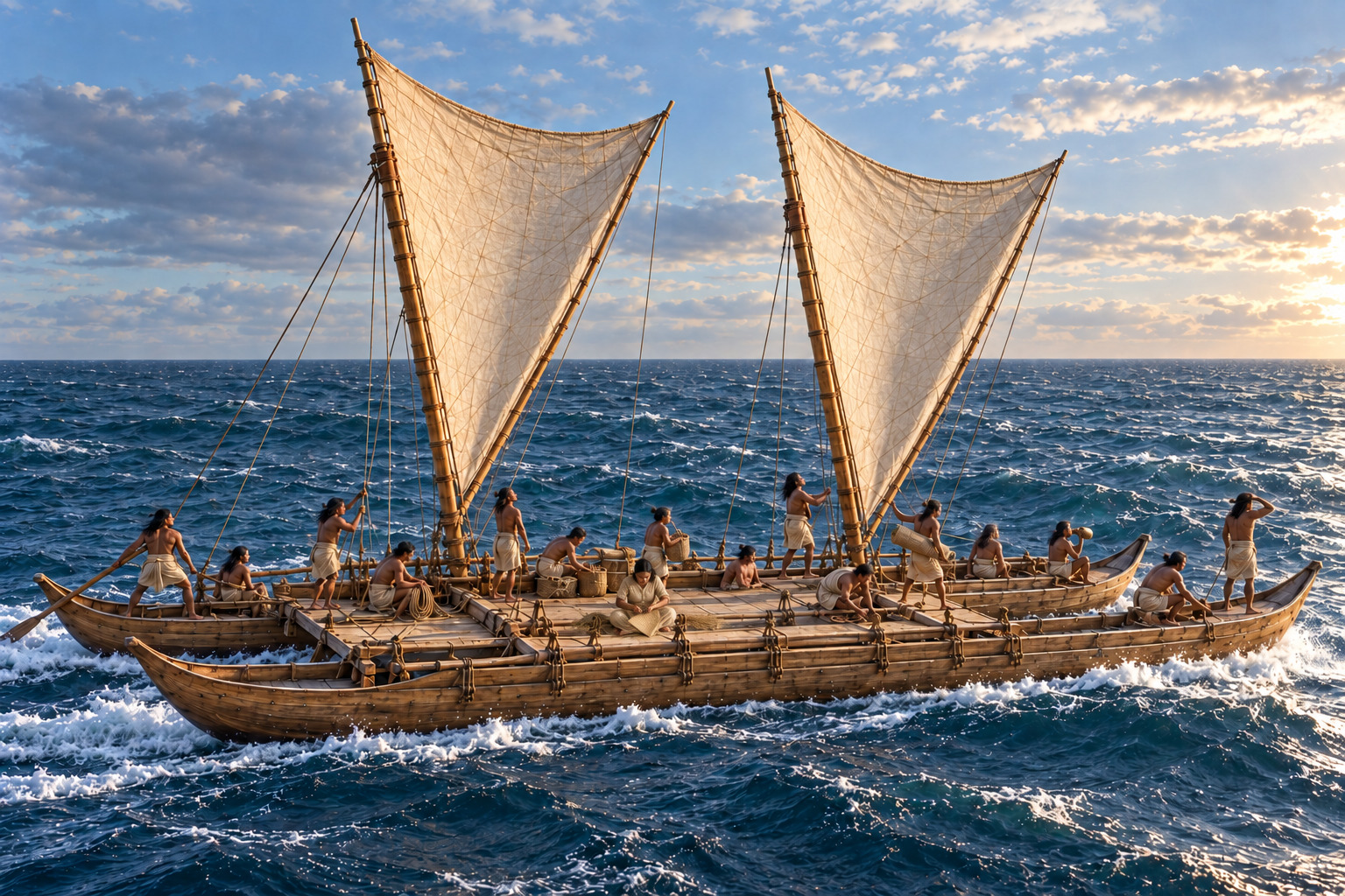 Recreación del Vaka Rapa Nui de doble casco y dos velas navegando en mar abierto con 16 tripulantes.
